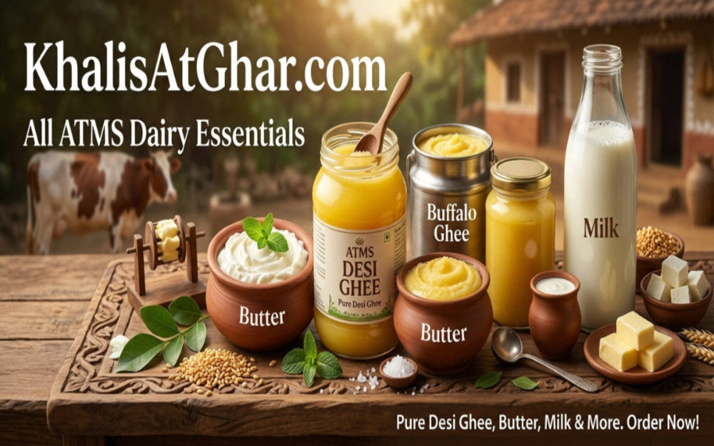 Promotional banner for khalisatghar.com showing jars and bottles of dairy essentials including butter, buffalo ghee, desi ghee, milk, and cream arranged on a rustic wooden table with a cow and farmhouse in the background.